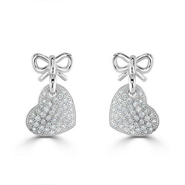 "Hearts with Bows" Designer Drop CZ earrings